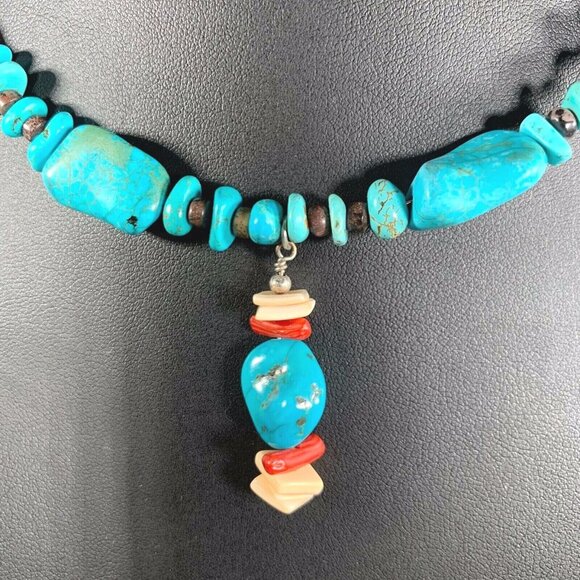 Turquoise Coral Beaded Memory Wire Liquid Silver Boho Artisan Choker Necklace - Picture 2 of 6
